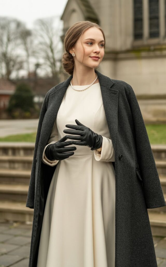A natural-looking young woman wearing a midi dress layered with a tailored wool coat in neutral tones. Theme church winter outfit