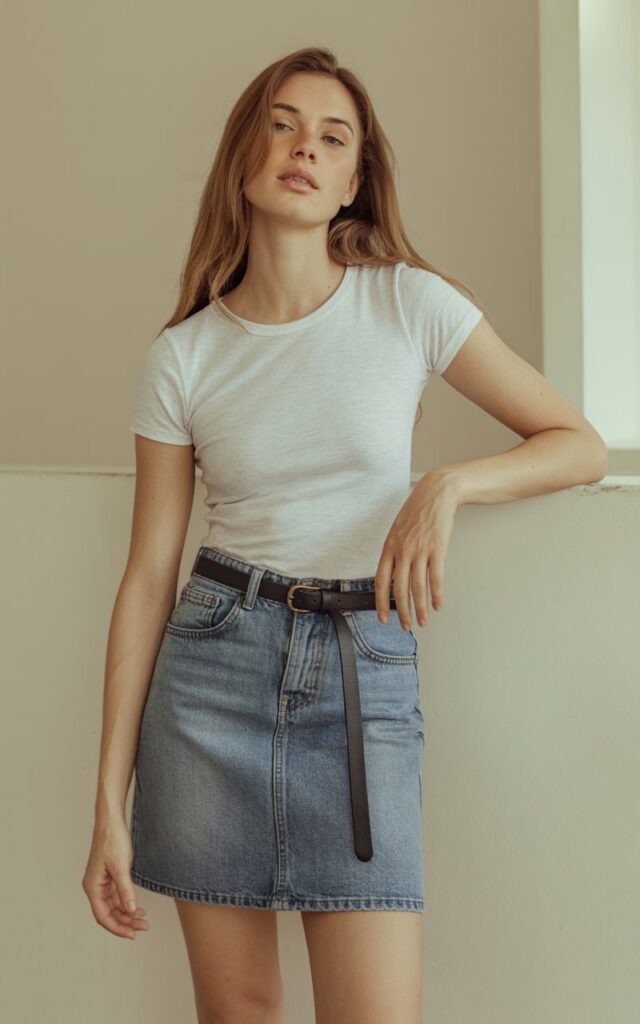 A natural-looking young woman wearing a minimalist jean skirt outfit styled with a sleek belt. Theme jean skirt outfits
