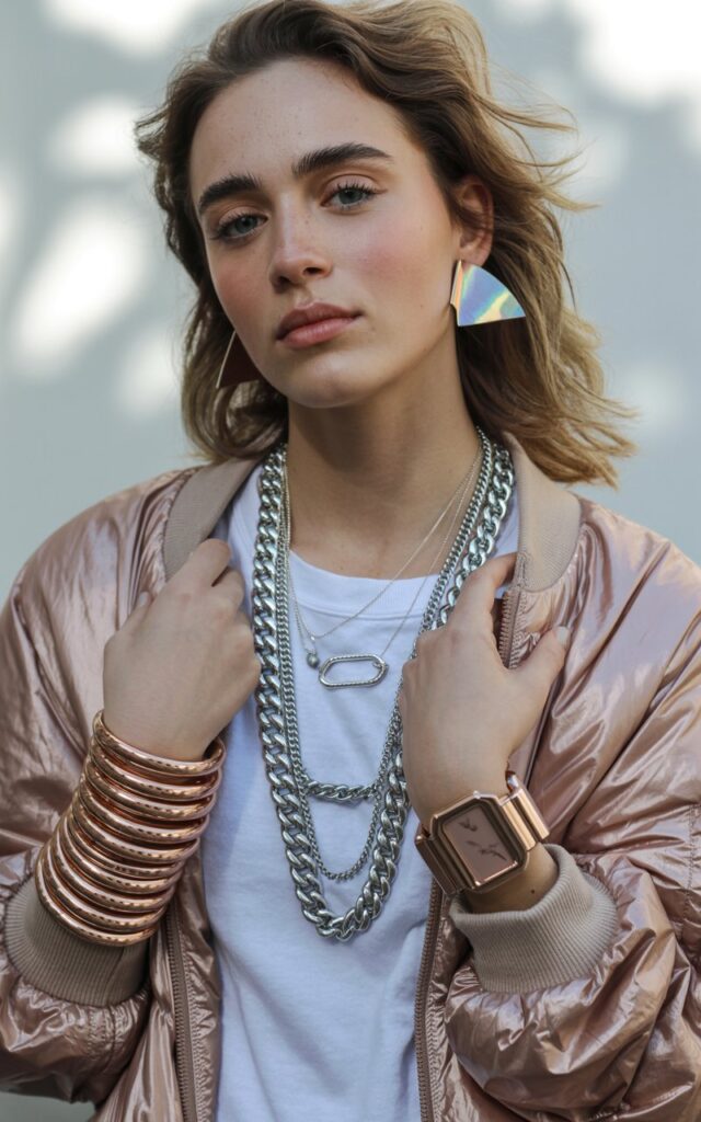 A natural-looking young woman wearing a mix of metallic accessories and clothing pieces. Theme quirky fashion
