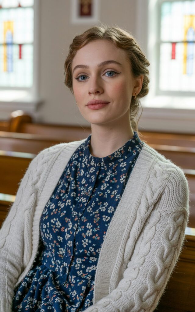 A natural-looking young woman wearing a modest floral dress layered with a classic cardigan. Theme church winter outfit.