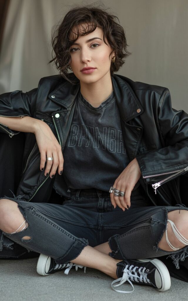 A natural-looking young woman wearing a monochrome black outfit with varied fabric textures. Theme emo outfits