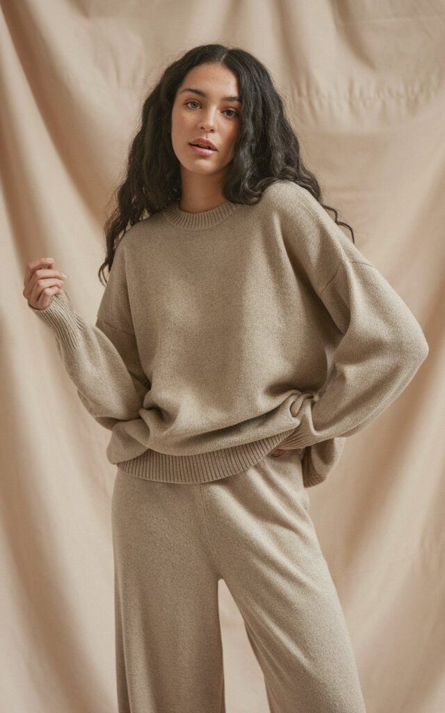 A natural-looking young woman wearing a monochrome matching set in neutral tones. Theme fashion inspo outfits