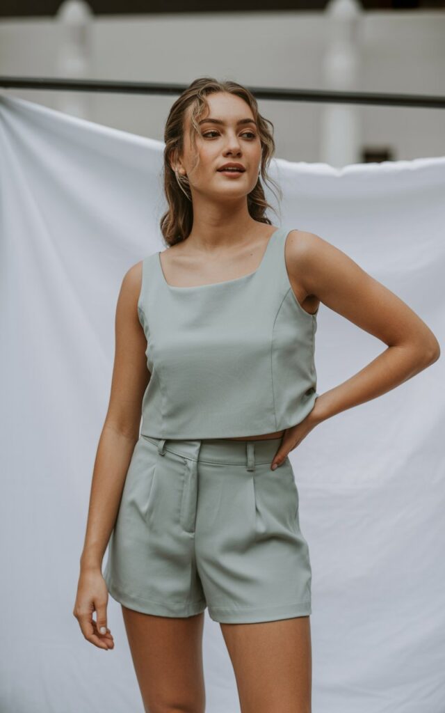 A natural-looking young woman wearing a monochrome matching shorts set. Theme shorts outfits