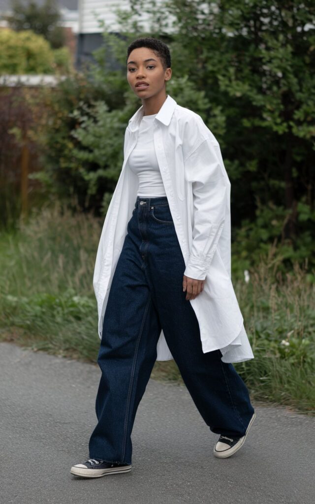A natural-looking young woman wearing a monochrome outfit finished with classic low-profile sneakers. Theme tomboy outfits