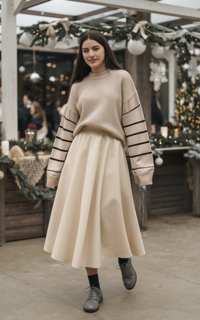 A natural-looking young woman wearing a monochrome outfit in beige, cream, or gray tones. Theme holiday party outfit
