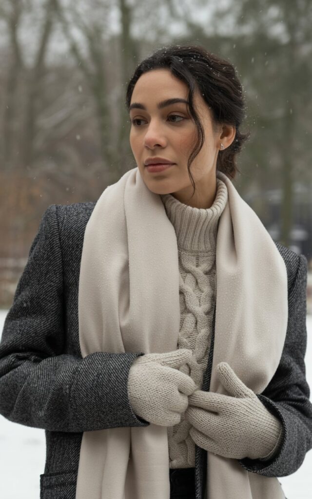 A natural-looking young woman wearing a monochrome outfit with textured winter layers. Theme cold weather outfits