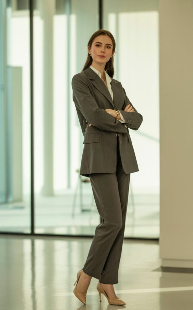 A natural-looking young woman wearing a monochrome suit with nude pumps. Theme business casual outfits