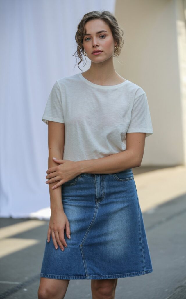 A natural-looking young woman wearing a monochrome top paired with a denim skirt. Theme jean skirt outfits