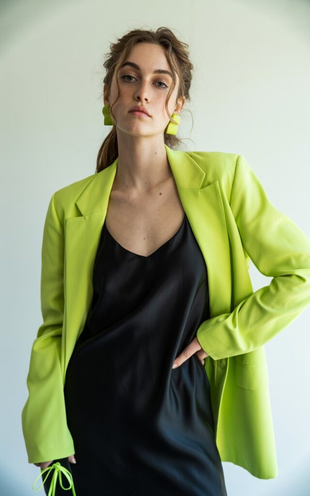 A natural-looking young woman wearing a neon blazer over a minimalist dress. Theme quirky fashion