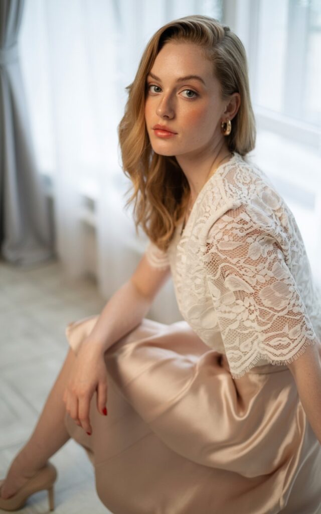 A natural-looking young woman wearing a neutral lace blouse paired with a satin midi skirt and heels. Theme Lace Tops and Outfits