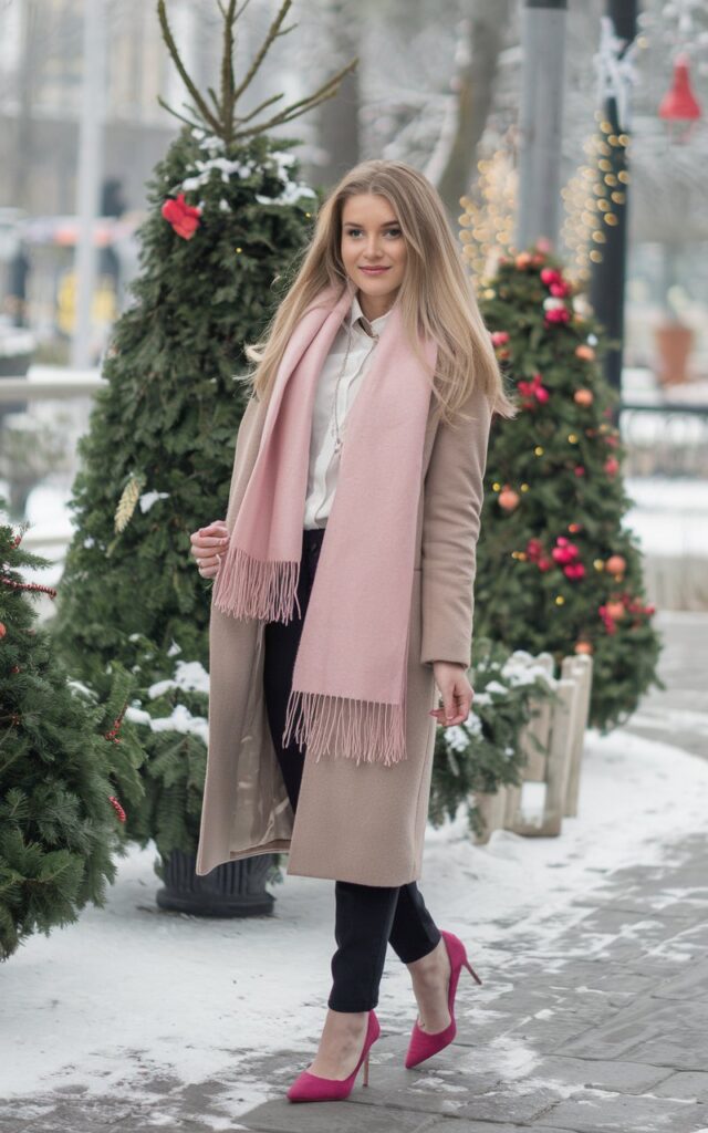 A natural-looking young woman wearing a neutral outfit finished with pink accessories and festive heels. Theme pink christmas outfit