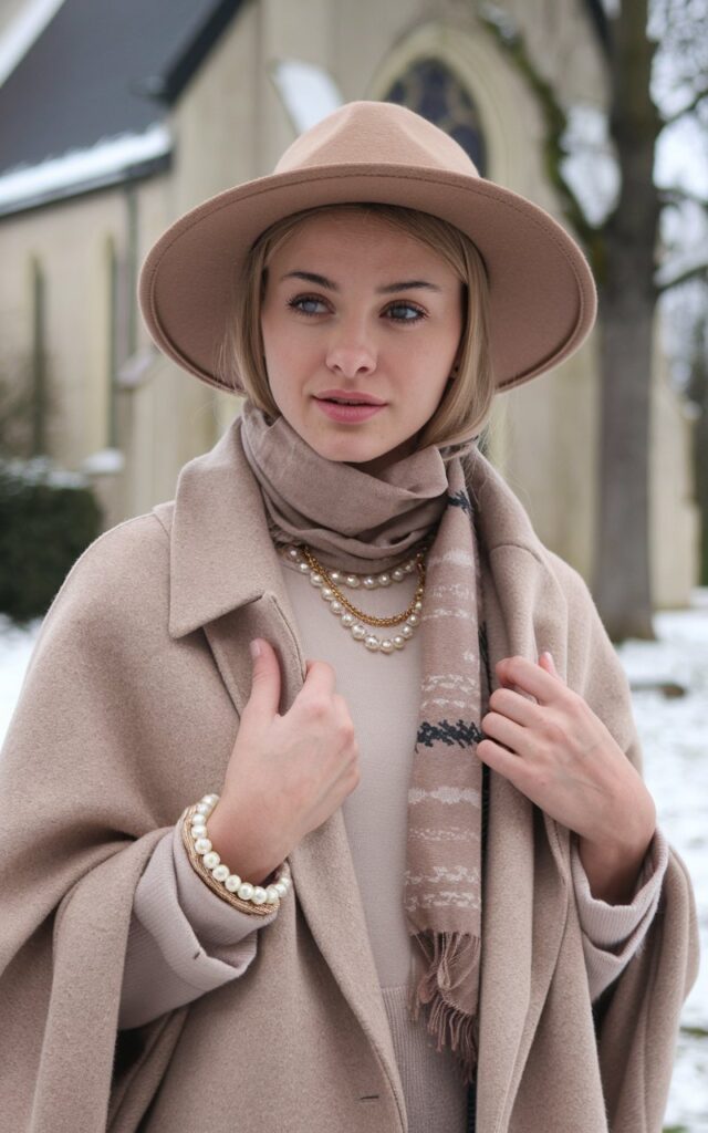 A natural-looking young woman wearing a neutral-toned outfit accessorized with subtle gold or pearl jewelry. Theme church winter outfit