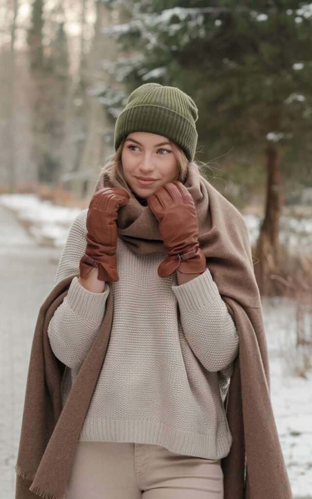 A natural-looking young woman wearing a neutral winter outfit finished with a bold beanie and leather gloves. Theme winter fashion outfits
