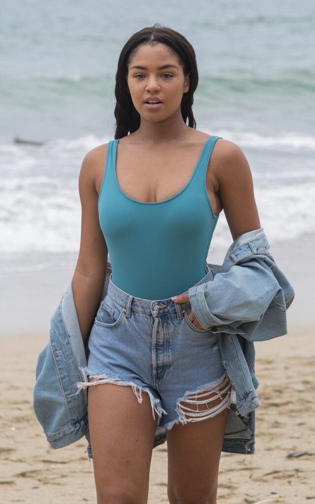 A natural-looking young woman wearing a one-piece swimsuit styled with denim cutoffs. Theme beach outfits