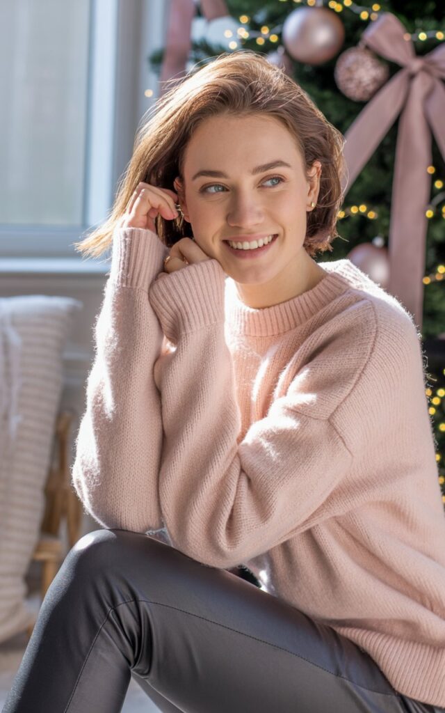 A natural-looking young woman wearing a pale pink sweater paired with sleek leather leggings. Theme pink christmas outfit