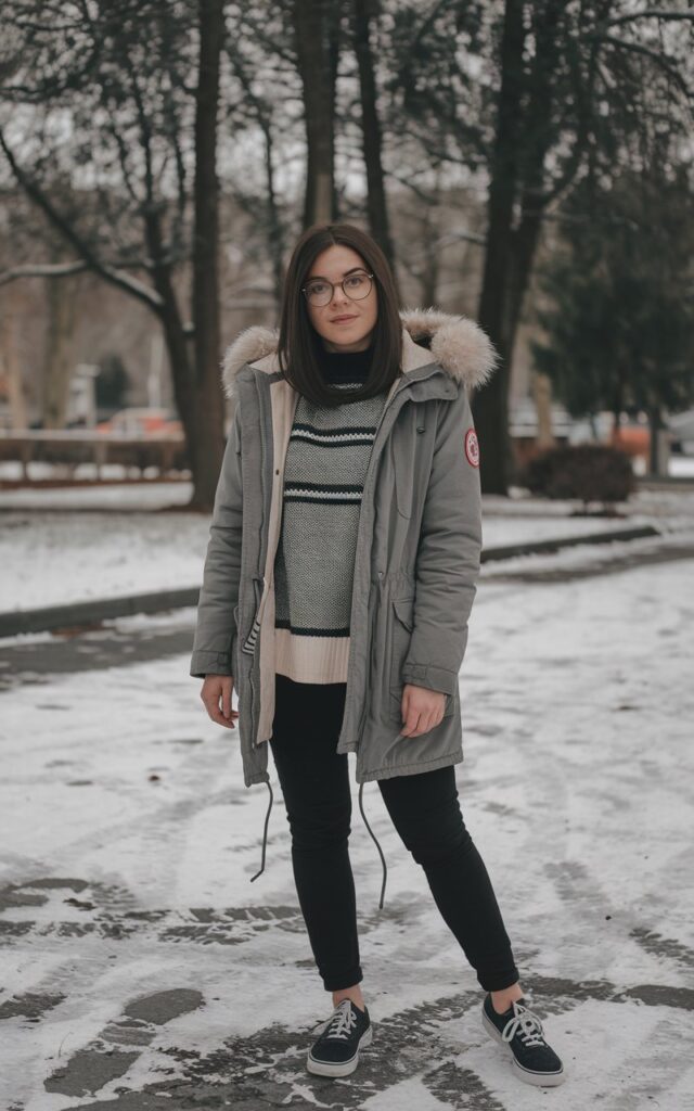 A natural-looking young woman wearing a parka paired with everyday sneakers and casual winter layers. Theme cold weather outfits