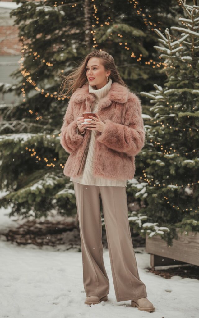 A natural-looking young woman wearing a pink faux-fur jacket layered over an all-neutral winter outfit. Theme pink christmas outfit