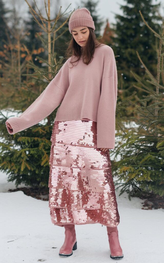 A natural-looking young woman wearing a pink sequin skirt styled with a relaxed cashmere sweater. Theme pink christmas outfit