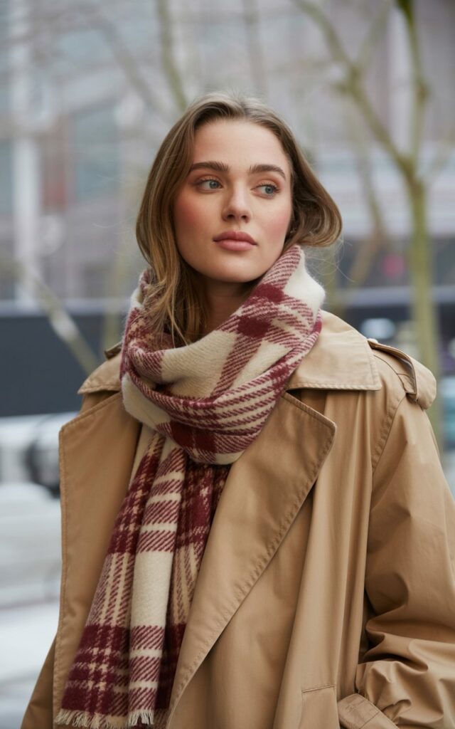A natural-looking young woman wearing a plaid scarf with a camel trench coat. Theme winter fashion outfits