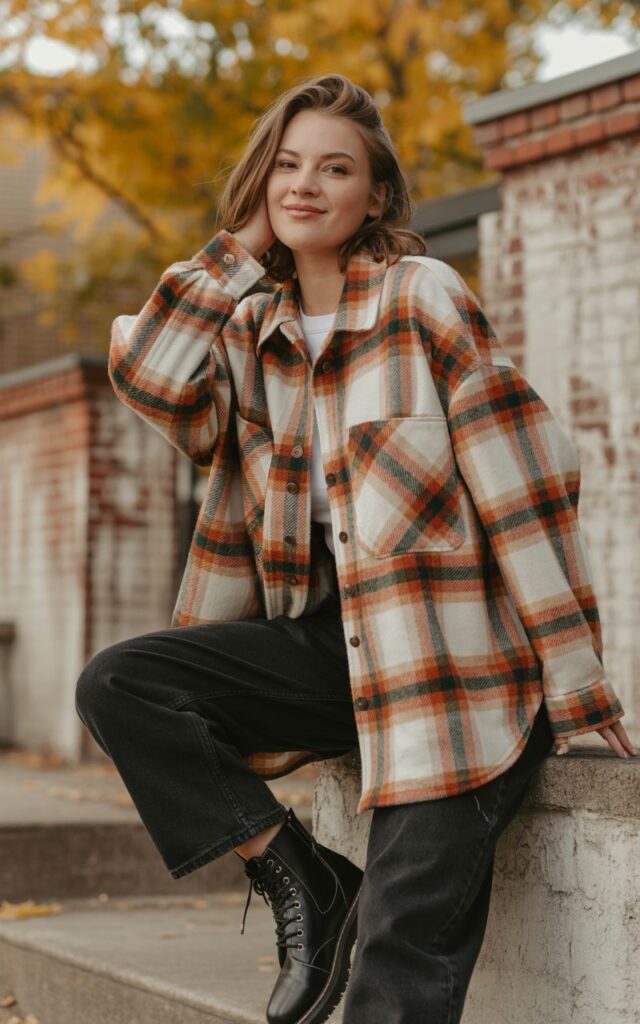 A natural-looking young woman wearing a plaid shacket with black denim and combat boots. Theme casual fall outfits