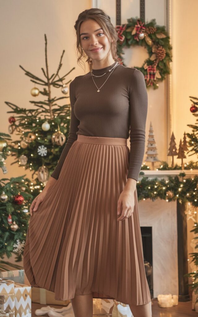 A natural-looking young woman wearing a pleated midi skirt paired with a fitted top. Theme holiday party outfit