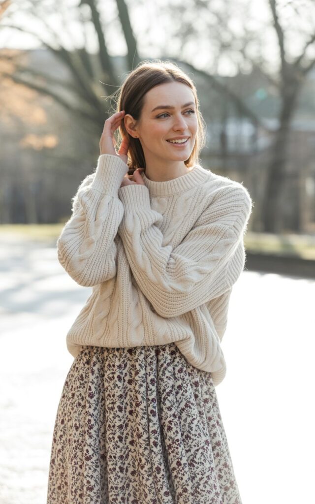 A natural-looking young woman wearing a printed skirt with a chunky knit pullover. Theme winter fashion outfits