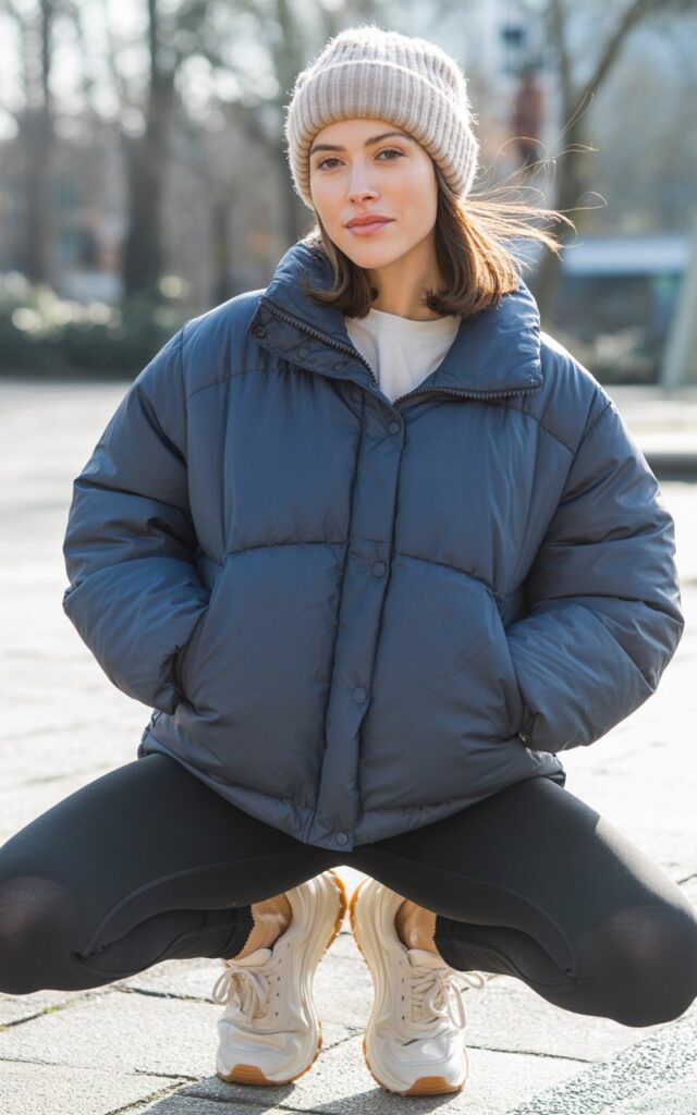 A natural-looking young woman wearing a puffer jacket styled with leggings and chunky sneakers. Theme cold weather outfits