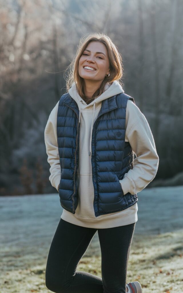 A natural-looking young woman wearing a puffer vest over a hoodie and leggings. Theme winter fashion outfits