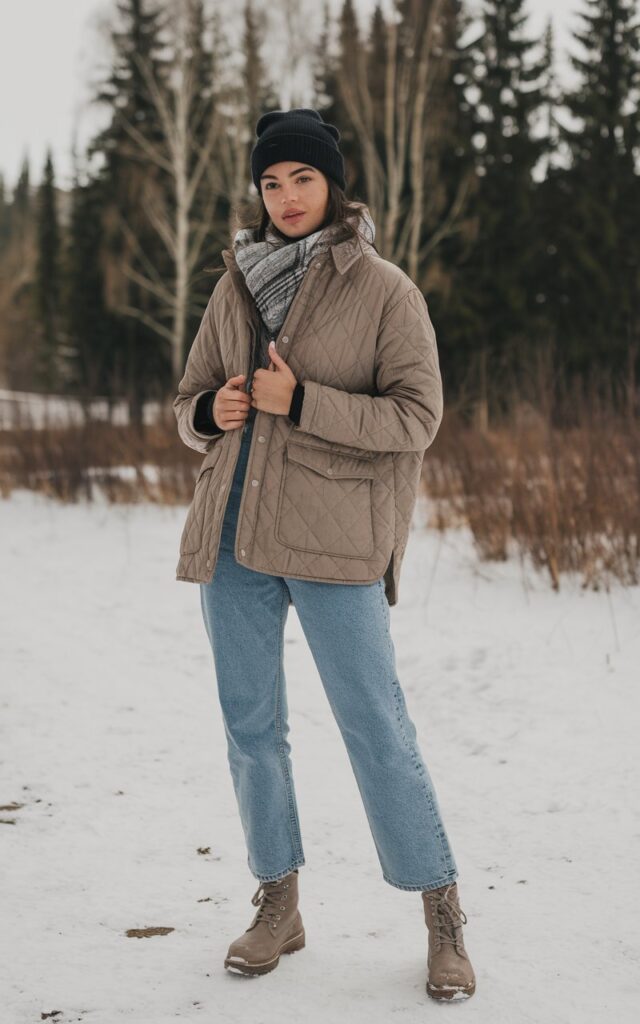 A natural-looking young woman wearing a quilted jacket styled with straight jeans and combat boots. Theme winter fashion outfits