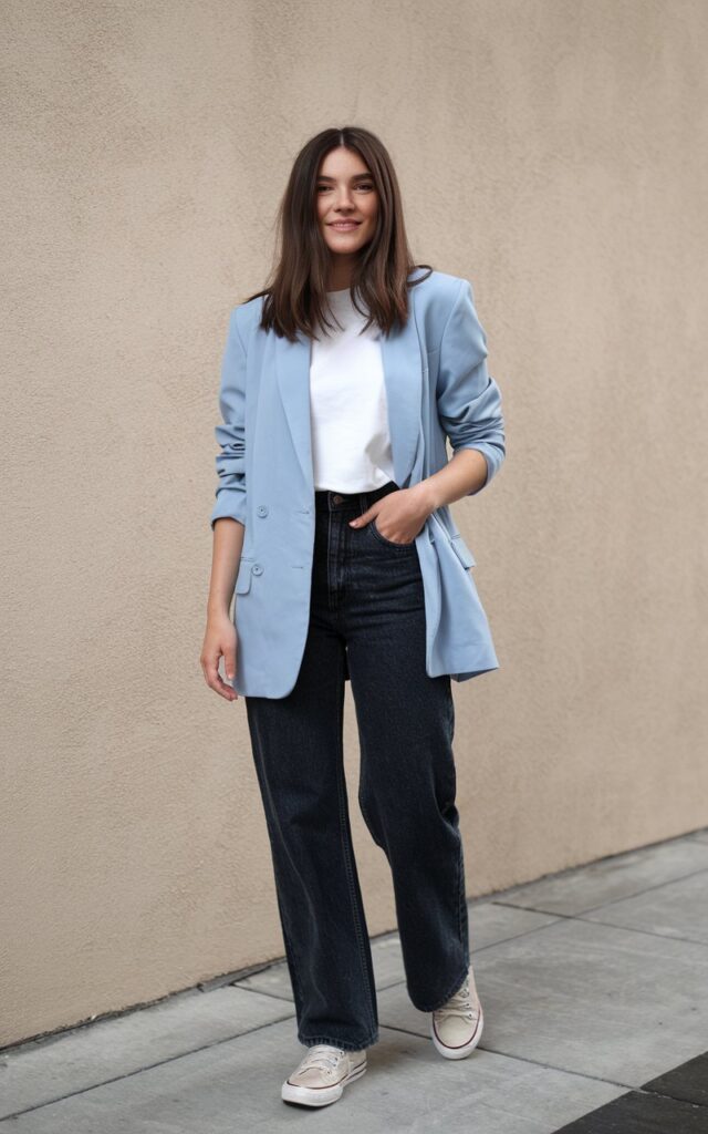 A natural-looking young woman wearing a relaxed blazer styled with straight-leg jeans and casual sneakers. Theme fashion inspo outfits