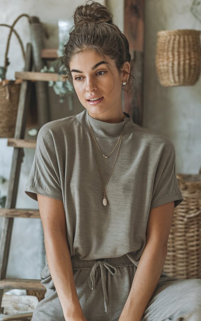 A natural-looking young woman wearing a relaxed mock-neck top styled with comfy pants. Theme thanksgiving outfit