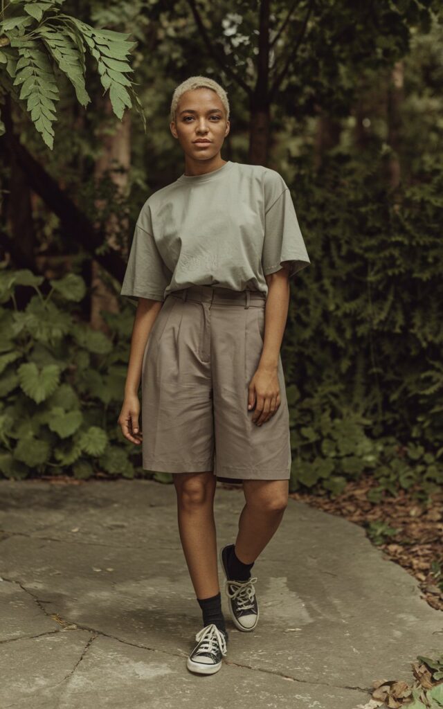 A natural-looking young woman wearing a relaxed tee tucked into tailored shorts with sneakers. Theme tomboy outfits
