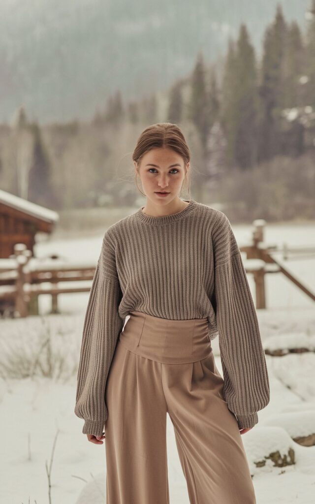 A natural-looking young woman wearing a ribbed sweater tucked into high-waisted wide-leg pants. Theme winter fashion outfits