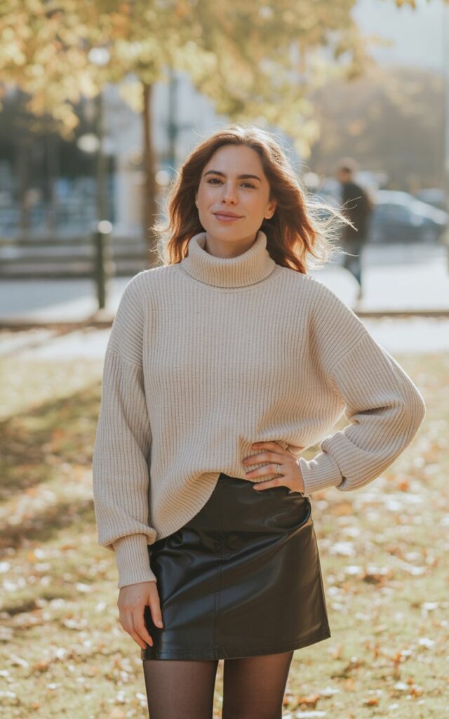 A natural-looking young woman wearing a ribbed turtleneck styled with a faux-leather mini skirt and tights. Theme casual fall outfits