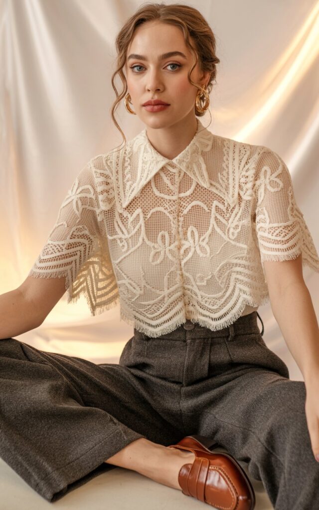 A natural-looking young woman wearing a romantic lace top paired with structured trousers and loafers. Theme Lace Tops and Outfits