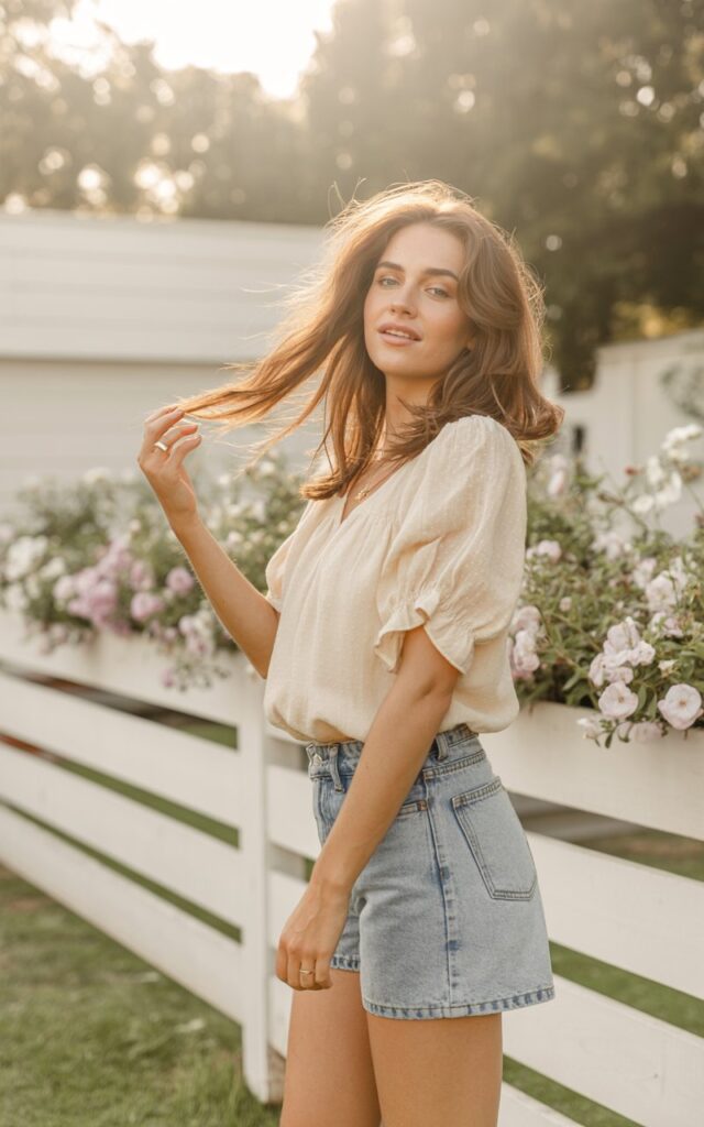 A natural-looking young woman wearing a ruffled blouse styled with high-waisted shorts. Theme girly summer outfits