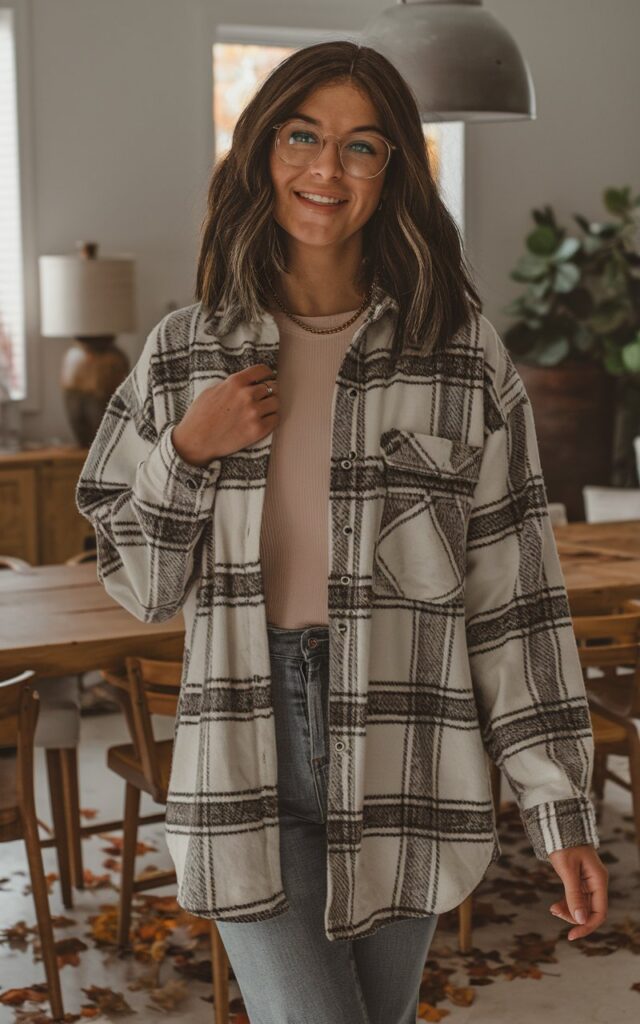 A natural-looking young woman wearing a shacket layered over a basic tee with stretchy jeans. Theme thanksgiving outfit