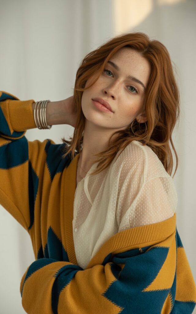 A natural-looking young woman wearing a sheer top layered under a statement jumper. Theme quirky fashion