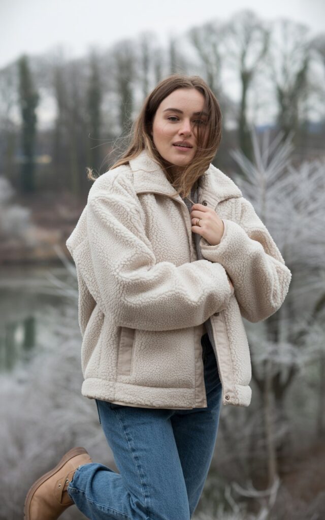 A natural-looking young woman wearing a sherpa or fleece jacket styled with everyday denim and casual shoes. Theme cold weather outfits