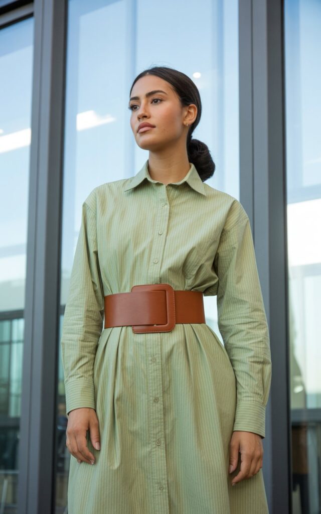 A natural-looking young woman wearing a shirt dress with a statement belt. Theme business casual outfits