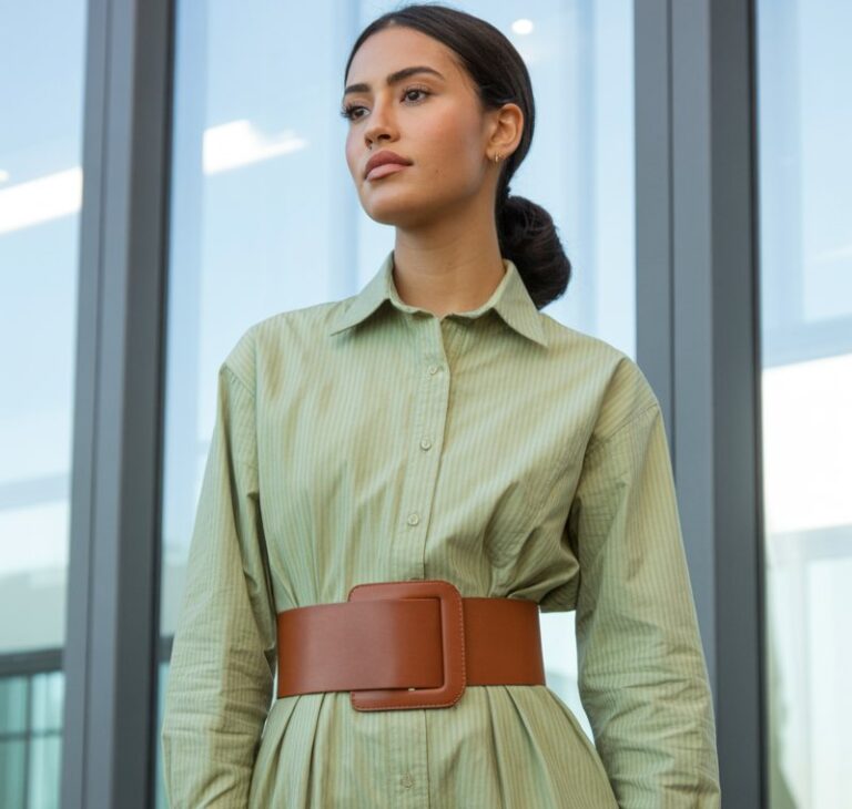 A natural-looking young woman wearing a shirt dress with a statement belt. Theme business casual outfits