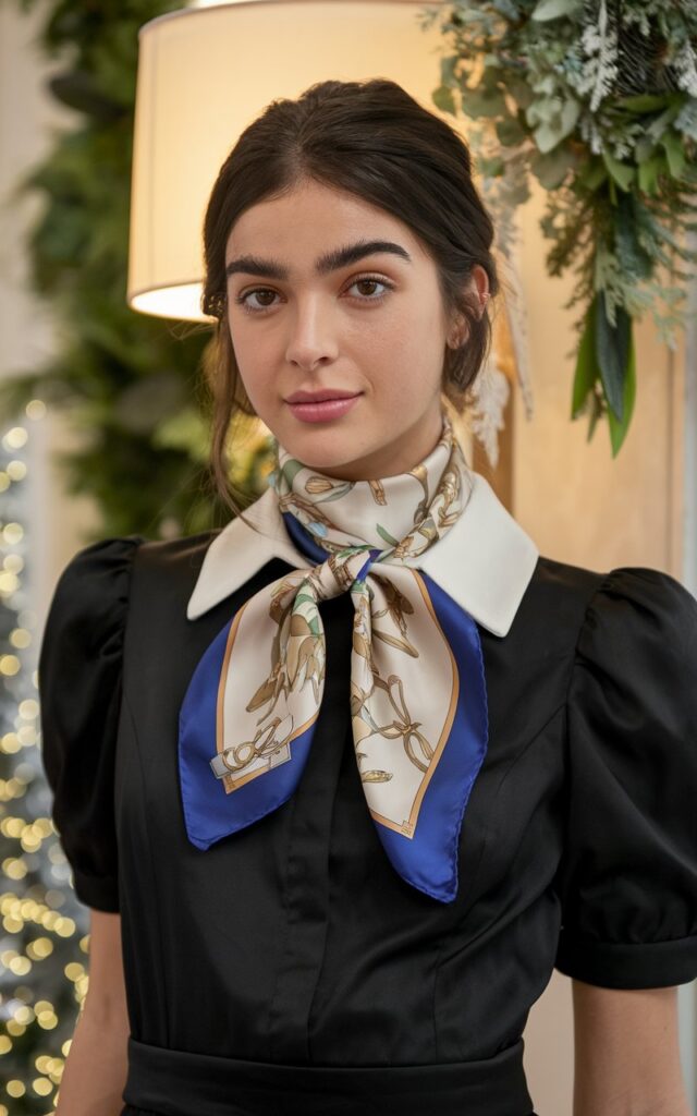 A natural-looking young woman wearing a silk scarf styled for a French-inspired touch. Theme holiday party outfit