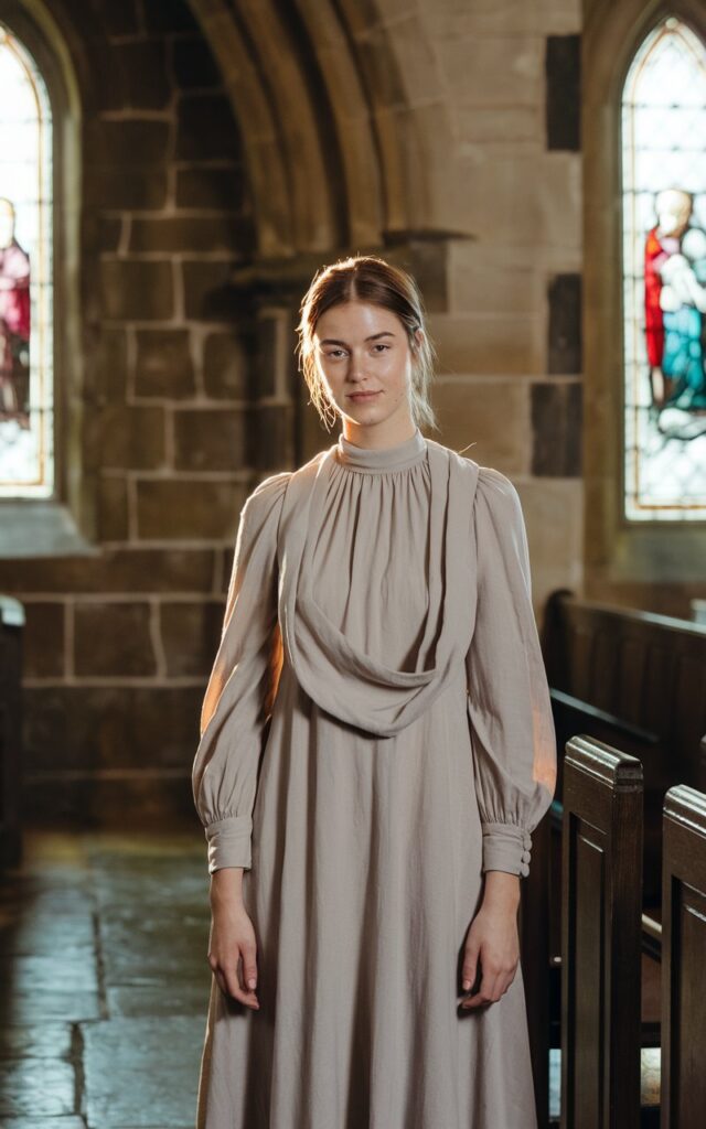 A natural-looking young woman wearing a simple church dress styled with a soft wrap or shawl. Theme church winter outfit.