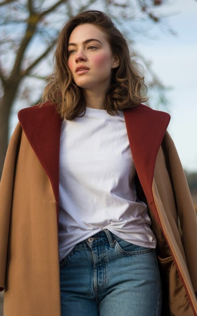 A natural-looking young woman wearing a simple jeans-and-tee outfit finished with a warm statement coat. Theme cold weather outfits