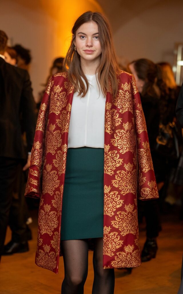 A natural-looking young woman wearing a simple party outfit topped with a statement coat. Theme holiday party outfit