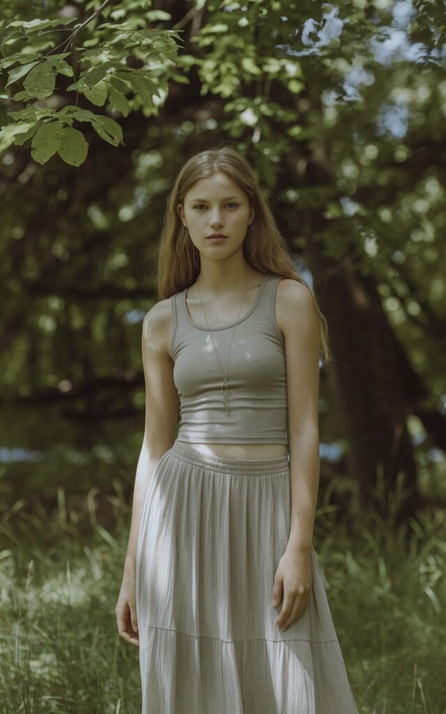 A natural-looking young woman wearing a simple tank top paired with a lightweight midi skirt. Theme cute summer outfits