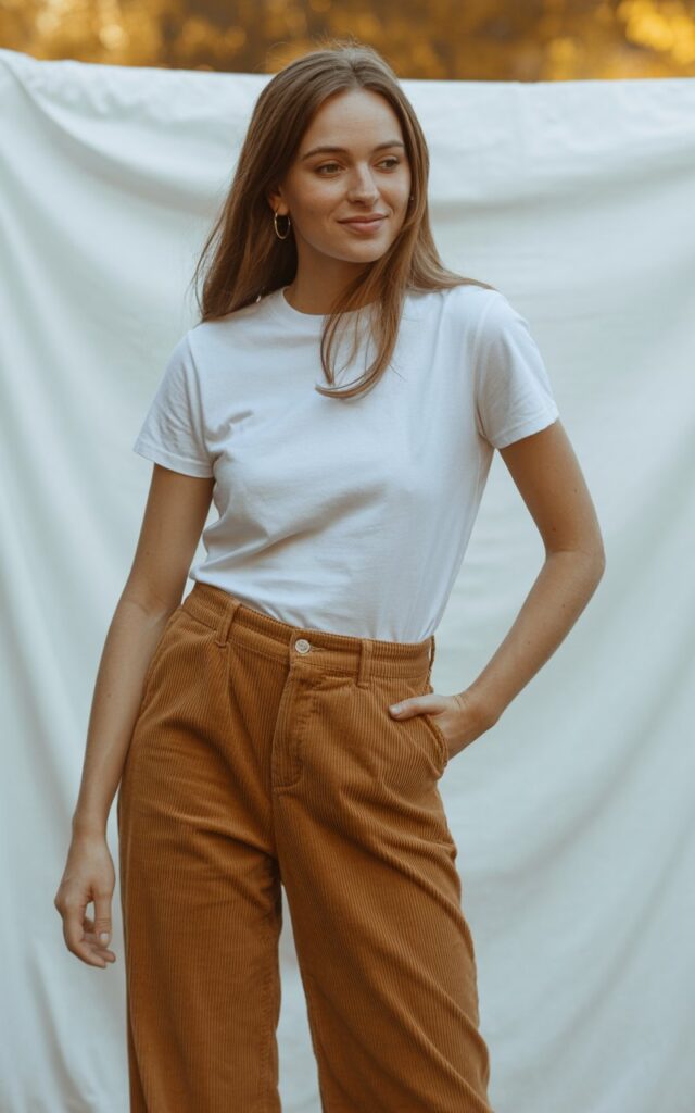 A natural-looking young woman wearing a simple white tee tucked into wide-leg corduroy pants. Theme casual fall outfits