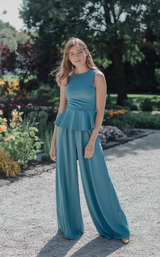 A natural-looking young woman wearing a sleeveless peplum top paired with wide-leg pants. Theme girly summer outfits