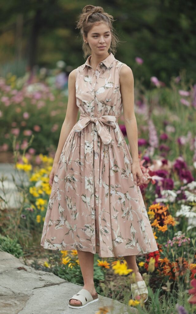 A natural-looking young woman wearing a sleeveless shirt dress with a cinched waist. Theme girly summer outfits