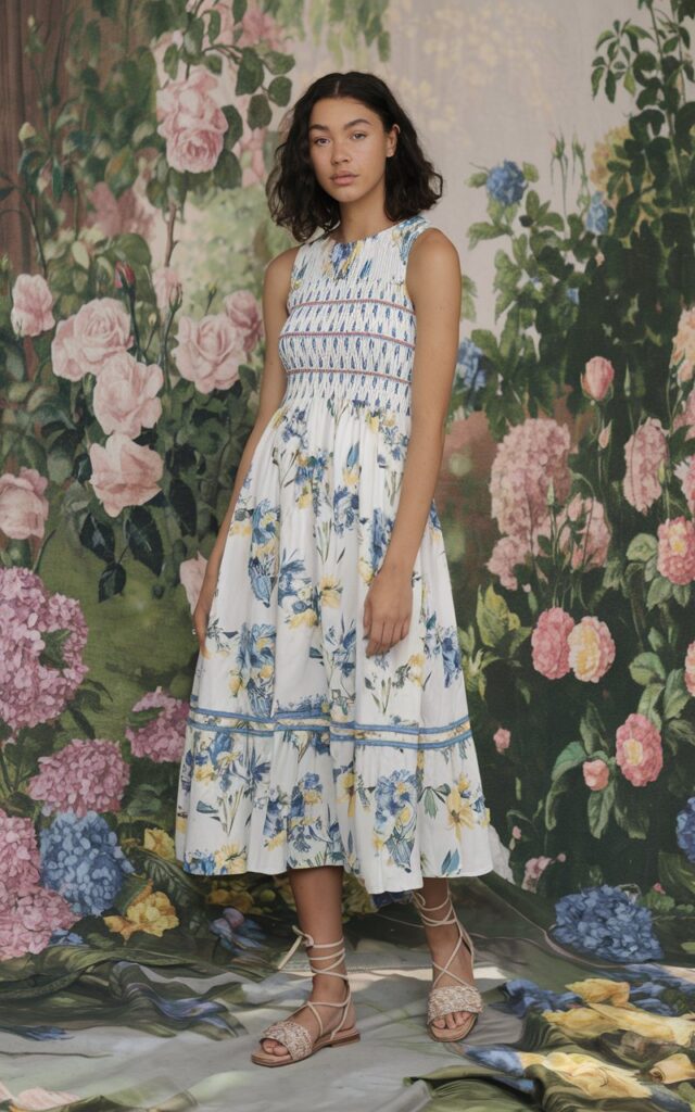 A natural-looking young woman wearing a smocked summer dress with strappy sandals. Theme girly summer outfits